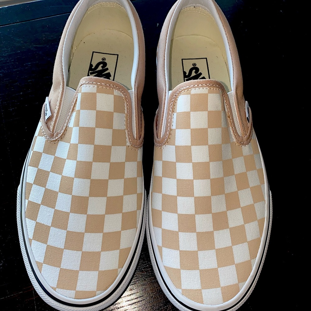 White and light pink checkered vans